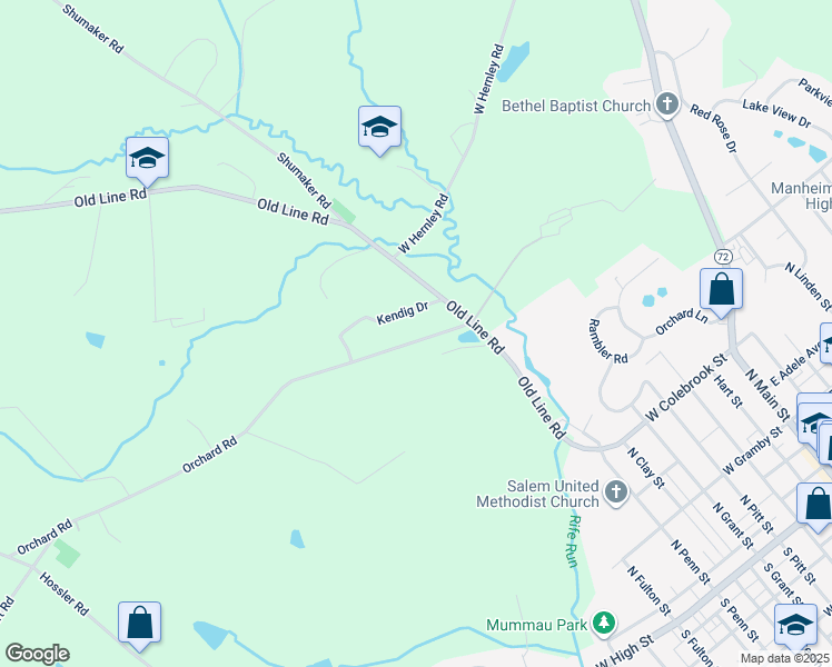 map of restaurants, bars, coffee shops, grocery stores, and more near 490 Orchard Road in Manheim