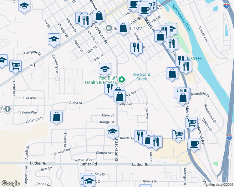 map of restaurants, bars, coffee shops, grocery stores, and more near 224 South Jackson Street in Red Bluff