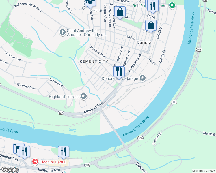 map of restaurants, bars, coffee shops, grocery stores, and more near 209 South Mellon Avenue in Donora