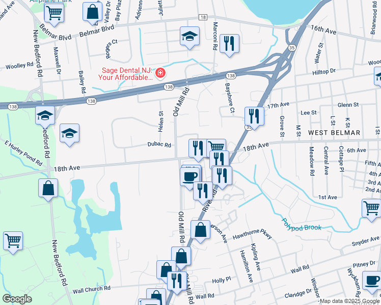 map of restaurants, bars, coffee shops, grocery stores, and more near 1420 18th Avenue in Wall Township