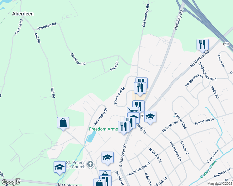 map of restaurants, bars, coffee shops, grocery stores, and more near 622 Rockwood Drive in Elizabethtown