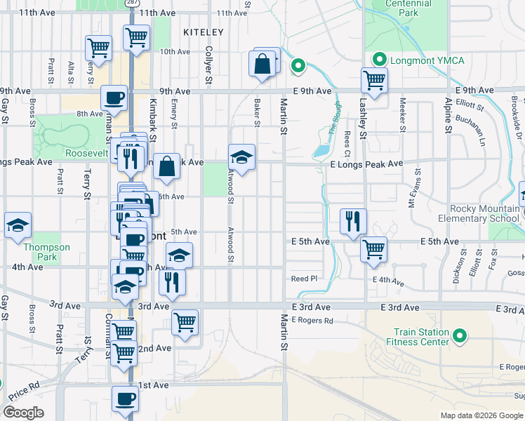 map of restaurants, bars, coffee shops, grocery stores, and more near 528 Baker Street in Longmont