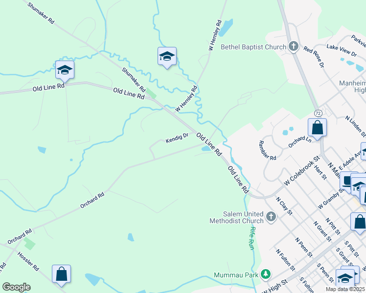 map of restaurants, bars, coffee shops, grocery stores, and more near 490 Orchard Road in Manheim