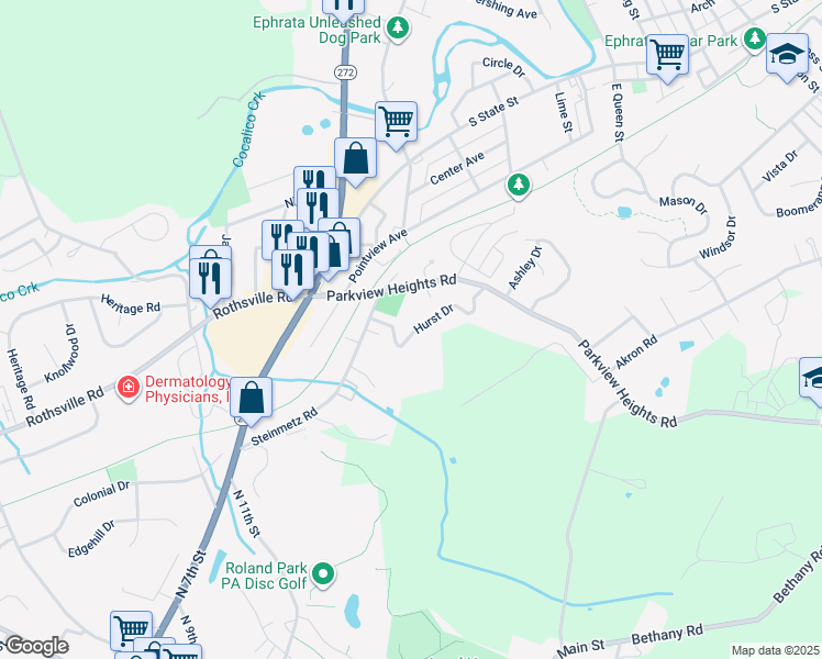 map of restaurants, bars, coffee shops, grocery stores, and more near 169 Hurst Drive in Ephrata