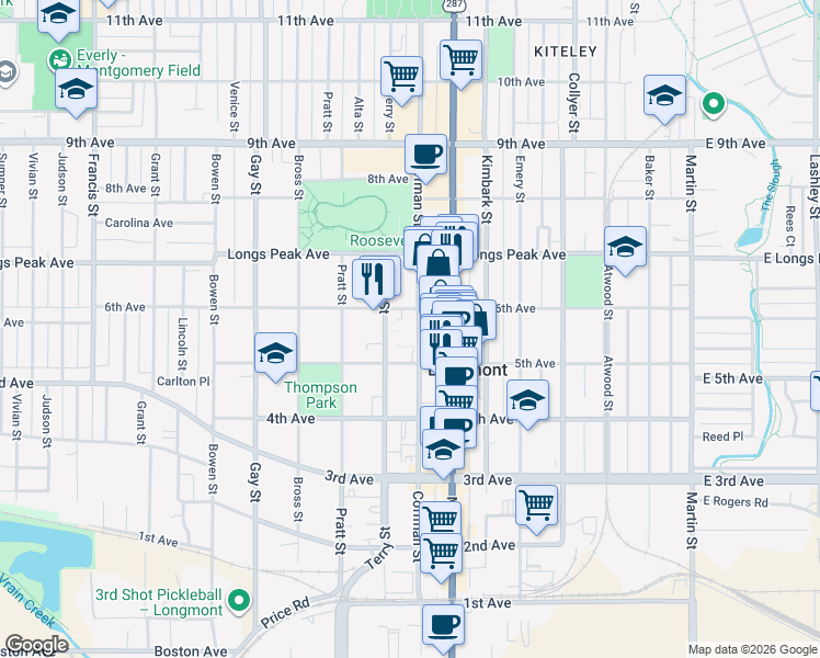 map of restaurants, bars, coffee shops, grocery stores, and more near 518 Coffman Street in Longmont