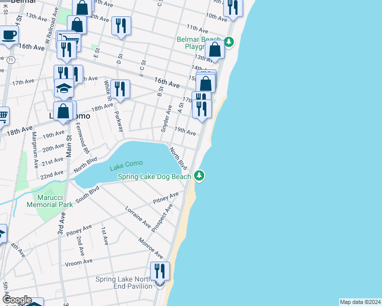 map of restaurants, bars, coffee shops, grocery stores, and more near 103 20th Avenue in Belmar