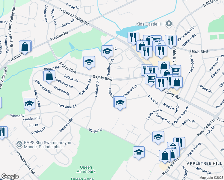 map of restaurants, bars, coffee shops, grocery stores, and more near 548 Buck Drive in Fairless Hills