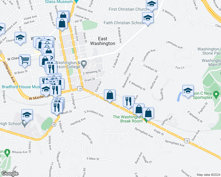 map of restaurants, bars, coffee shops, grocery stores, and more near 156 South Wade Avenue in Washington