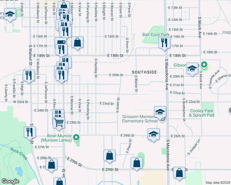 map of restaurants, bars, coffee shops, grocery stores, and more near 2801-2899 South Grant Street in Muncie