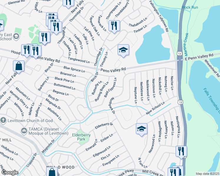 map of restaurants, bars, coffee shops, grocery stores, and more near 53 Bald Cypress Ln in Levittown