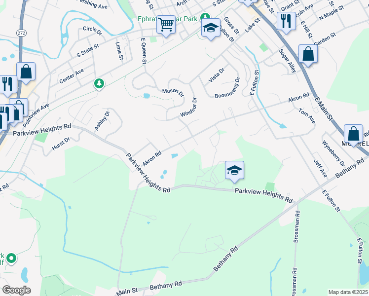 map of restaurants, bars, coffee shops, grocery stores, and more near 220 Akron Rd in Ephrata