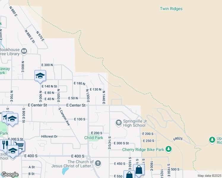 map of restaurants, bars, coffee shops, grocery stores, and more near 115 North 1540 East Street in Springville