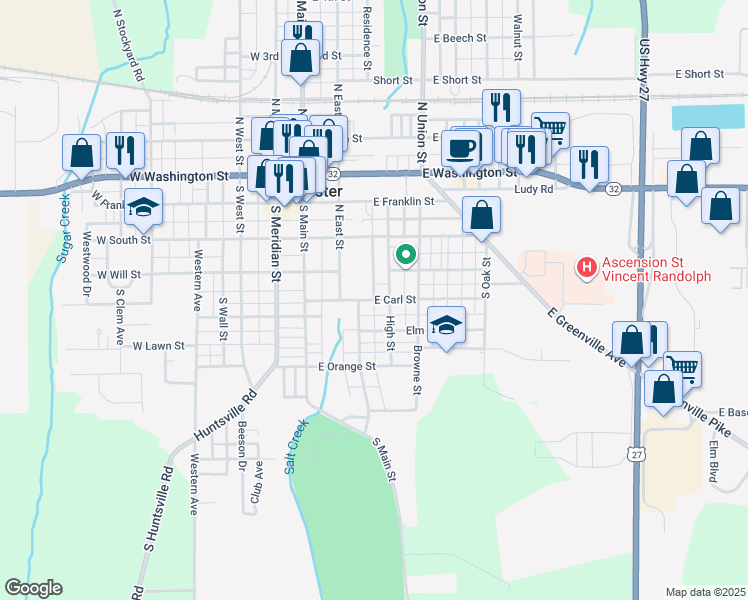 map of restaurants, bars, coffee shops, grocery stores, and more near 265 East Carl Street in Winchester