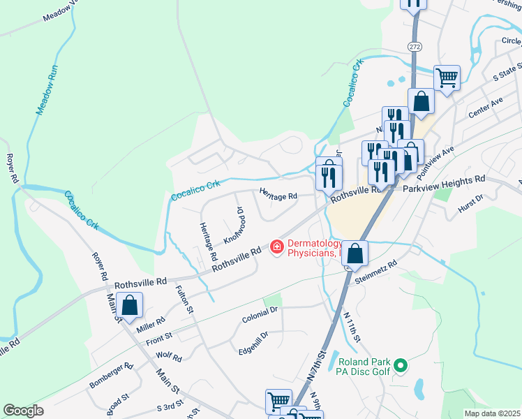 map of restaurants, bars, coffee shops, grocery stores, and more near 215 Riverview Drive in Ephrata