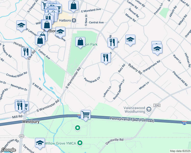 map of restaurants, bars, coffee shops, grocery stores, and more near 803 Pennypack Circle in Hatboro