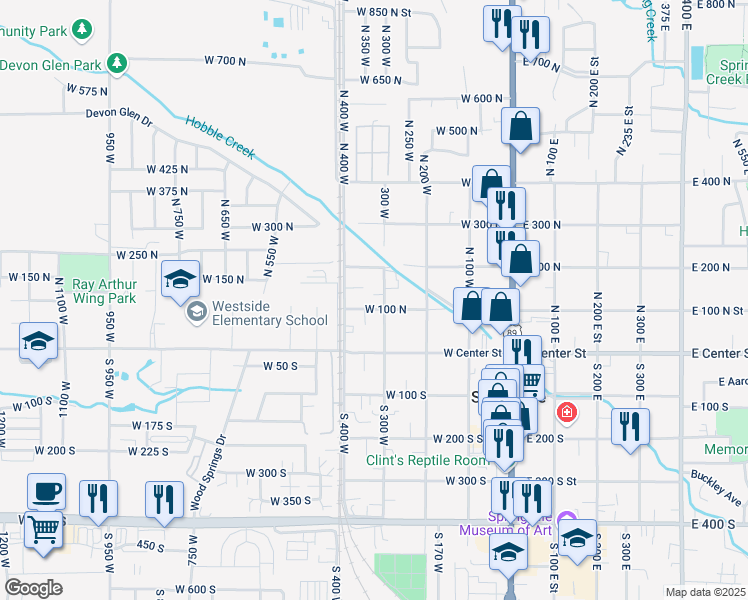 map of restaurants, bars, coffee shops, grocery stores, and more near 312 West 100 South in Springville