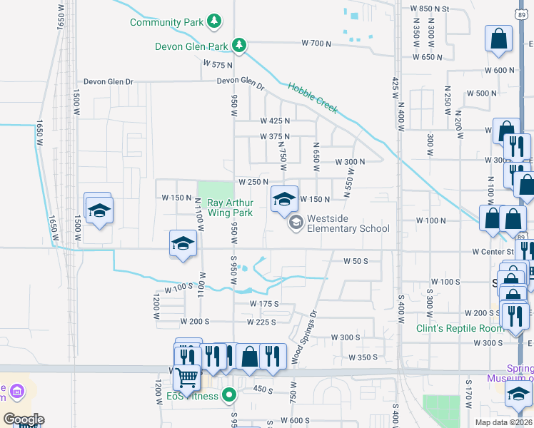 map of restaurants, bars, coffee shops, grocery stores, and more near 800 West in Springville