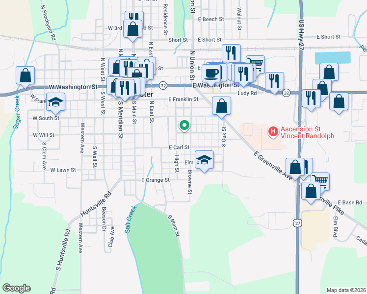 map of restaurants, bars, coffee shops, grocery stores, and more near 355 East Carl Street in Winchester