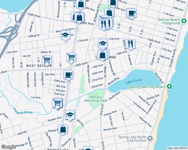 map of restaurants, bars, coffee shops, grocery stores, and more near 735 20th Avenue in Belmar