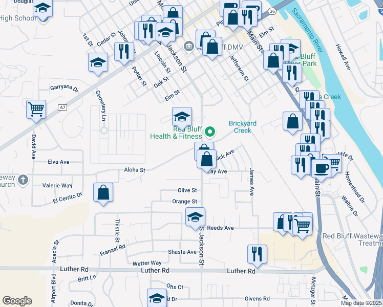 map of restaurants, bars, coffee shops, grocery stores, and more near 955 Aloha Street in Red Bluff