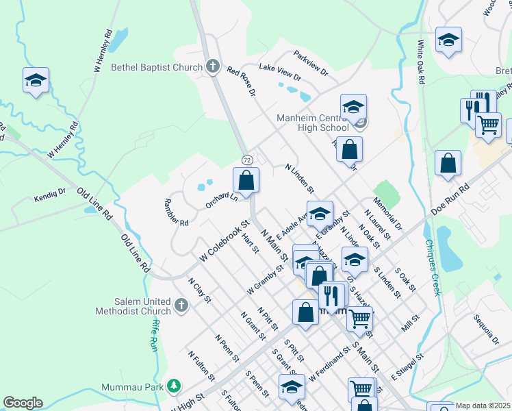 map of restaurants, bars, coffee shops, grocery stores, and more near 205 Pennsylvania 72 in Manheim