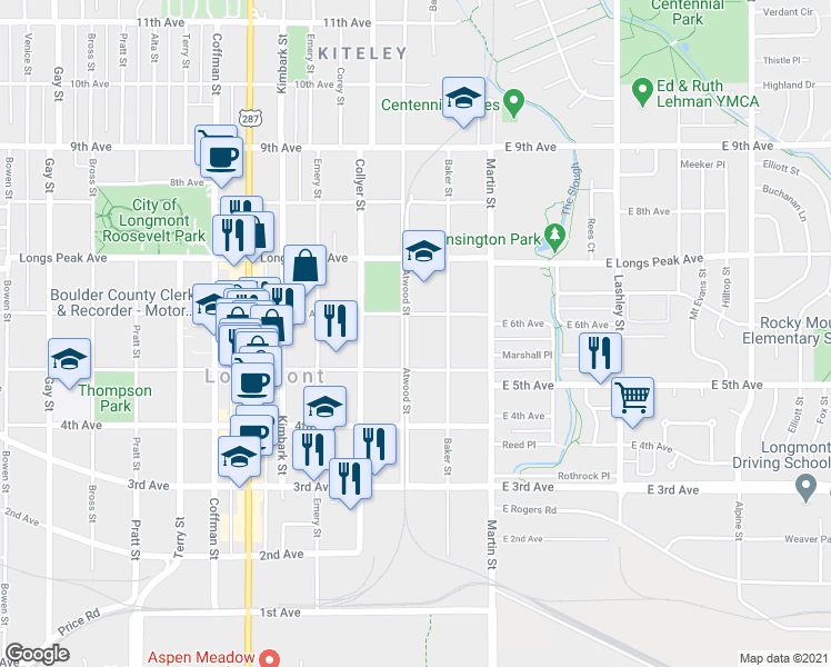 map of restaurants, bars, coffee shops, grocery stores, and more near 532 Atwood Street in Longmont