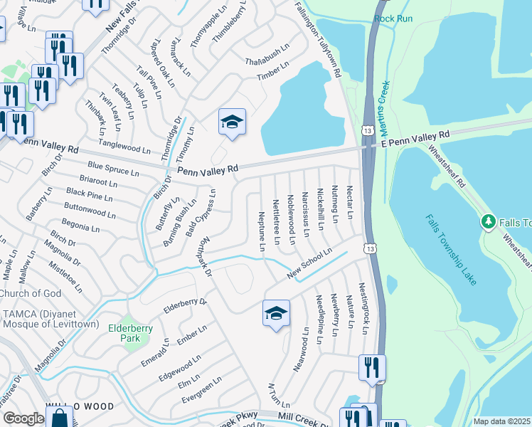map of restaurants, bars, coffee shops, grocery stores, and more near 60 Neptune Lane in Levittown