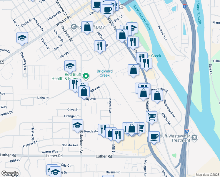 map of restaurants, bars, coffee shops, grocery stores, and more near 237 James Avenue in Red Bluff