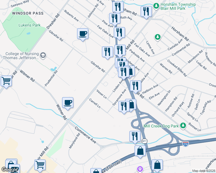map of restaurants, bars, coffee shops, grocery stores, and more near 2725 Keebler Court in Willow Grove