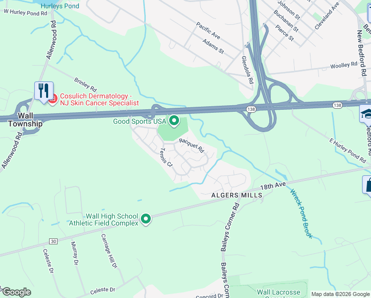 map of restaurants, bars, coffee shops, grocery stores, and more near 18 Racquet Road in Wall Township