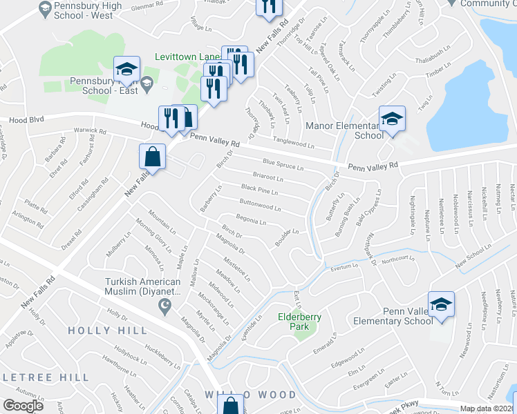 map of restaurants, bars, coffee shops, grocery stores, and more near 49 Buttonwood Lane in Levittown
