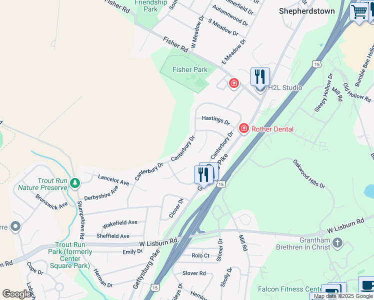 map of restaurants, bars, coffee shops, grocery stores, and more near 2225 Canterbury Drive in Mechanicsburg