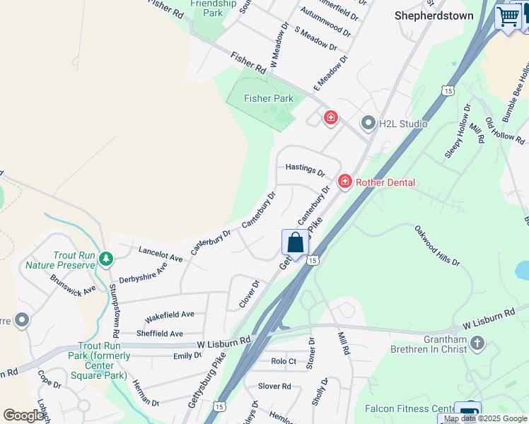 map of restaurants, bars, coffee shops, grocery stores, and more near 2225 Canterbury Drive in Mechanicsburg