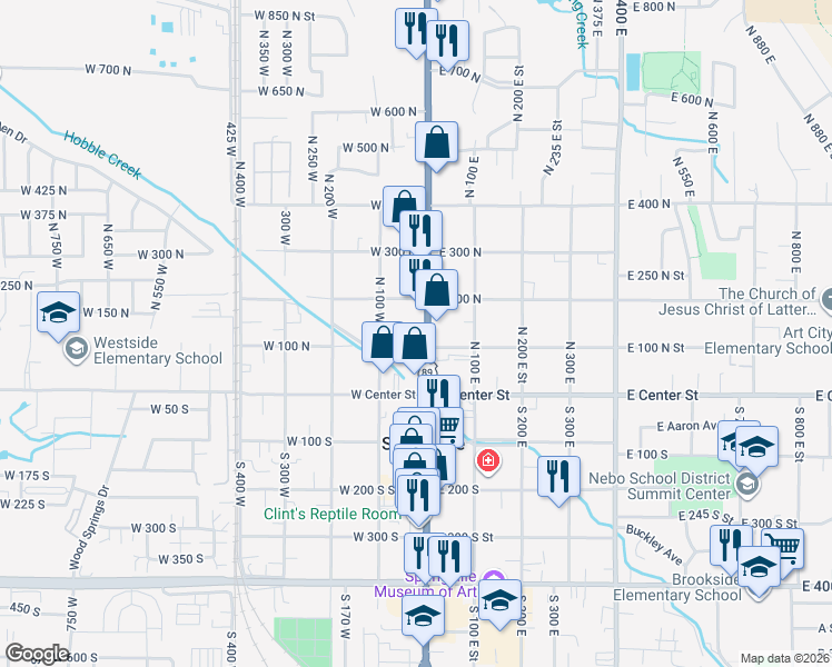map of restaurants, bars, coffee shops, grocery stores, and more near 109 North Main Street in Springville
