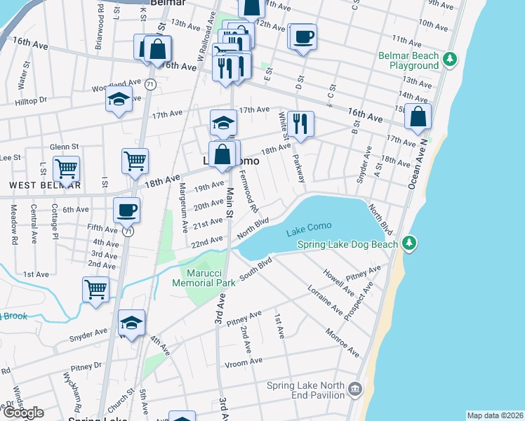map of restaurants, bars, coffee shops, grocery stores, and more near 10 Ripley Lane in Belmar