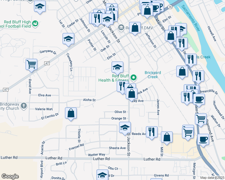map of restaurants, bars, coffee shops, grocery stores, and more near 1030 Aloha Street in Red Bluff