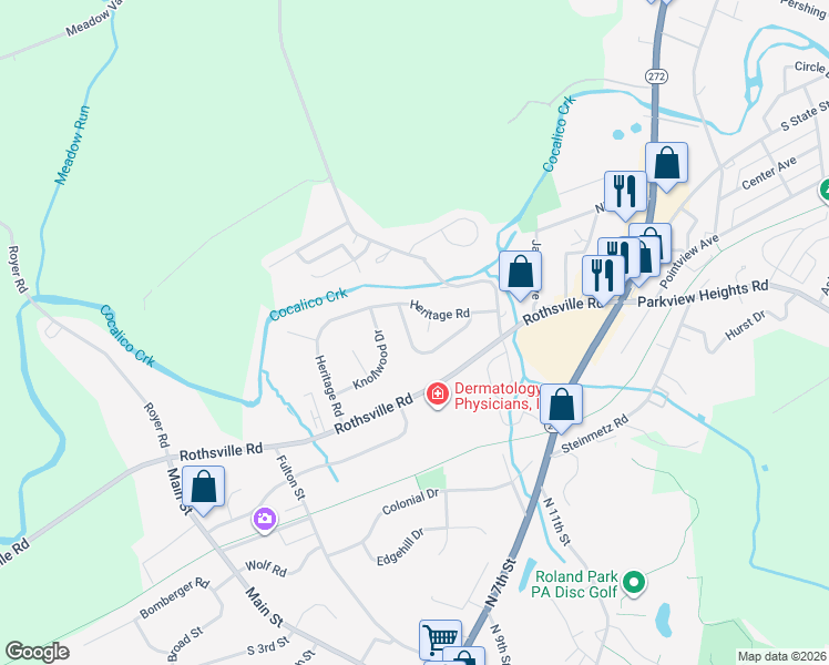 map of restaurants, bars, coffee shops, grocery stores, and more near 215 Riverview Drive in Ephrata