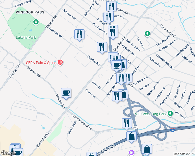 map of restaurants, bars, coffee shops, grocery stores, and more near 2715 Keebler Court in Willow Grove