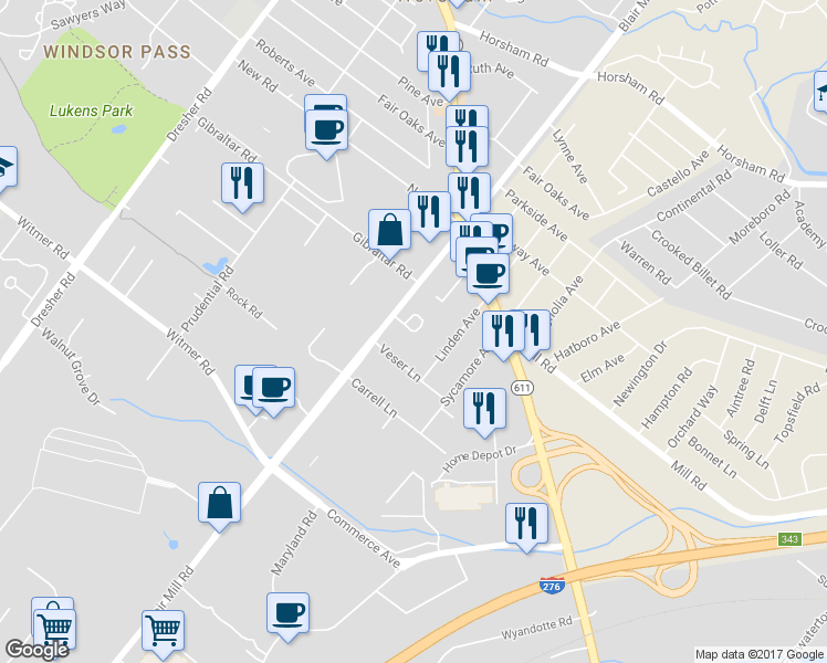 map of restaurants, bars, coffee shops, grocery stores, and more near 2725 Keebler Court in Willow Grove