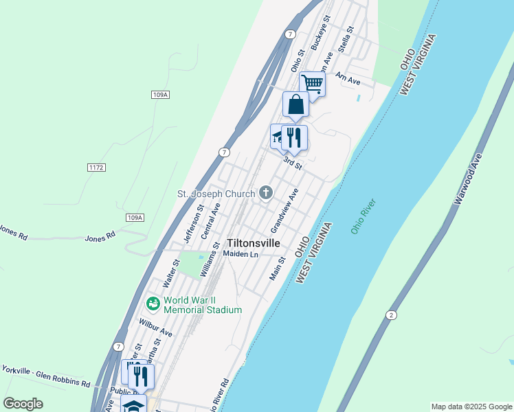 map of restaurants, bars, coffee shops, grocery stores, and more near 215 Walker Street in Tiltonsville