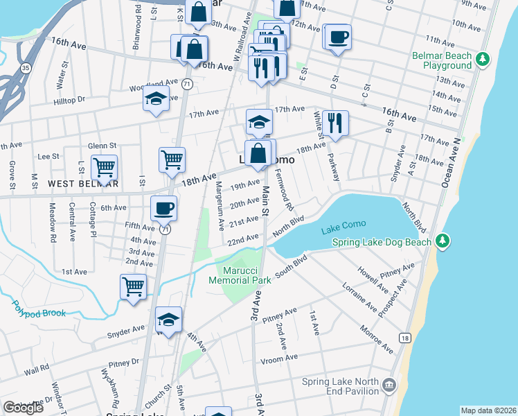map of restaurants, bars, coffee shops, grocery stores, and more near 2007 Main Street in Belmar
