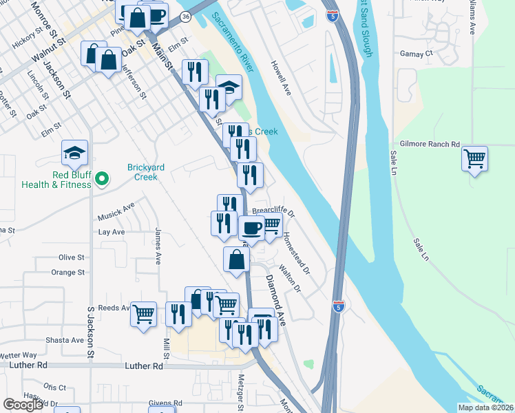 map of restaurants, bars, coffee shops, grocery stores, and more near 104 Brearcliffe Drive in Red Bluff