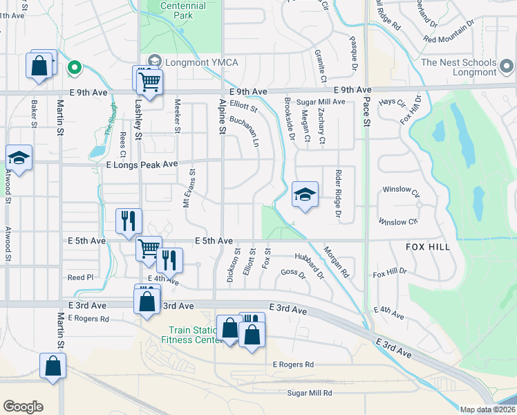 map of restaurants, bars, coffee shops, grocery stores, and more near 544 Elliott Street in Longmont