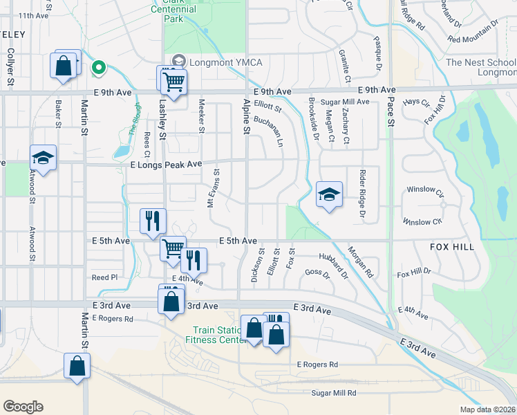 map of restaurants, bars, coffee shops, grocery stores, and more near 409 Saint Clair Avenue in Longmont