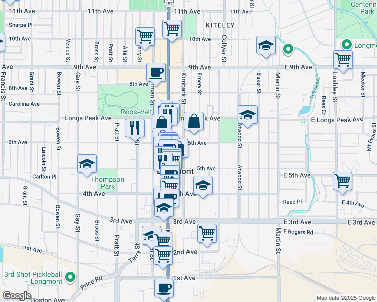 map of restaurants, bars, coffee shops, grocery stores, and more near 526 Kimbark Street in Longmont