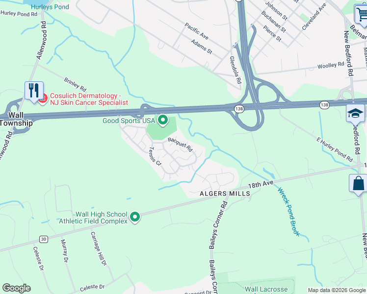 map of restaurants, bars, coffee shops, grocery stores, and more near 87 Racquet Road in Monmouth County