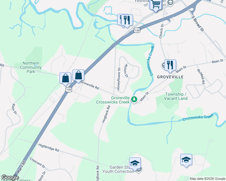 map of restaurants, bars, coffee shops, grocery stores, and more near 92 Groveville Road in Trenton