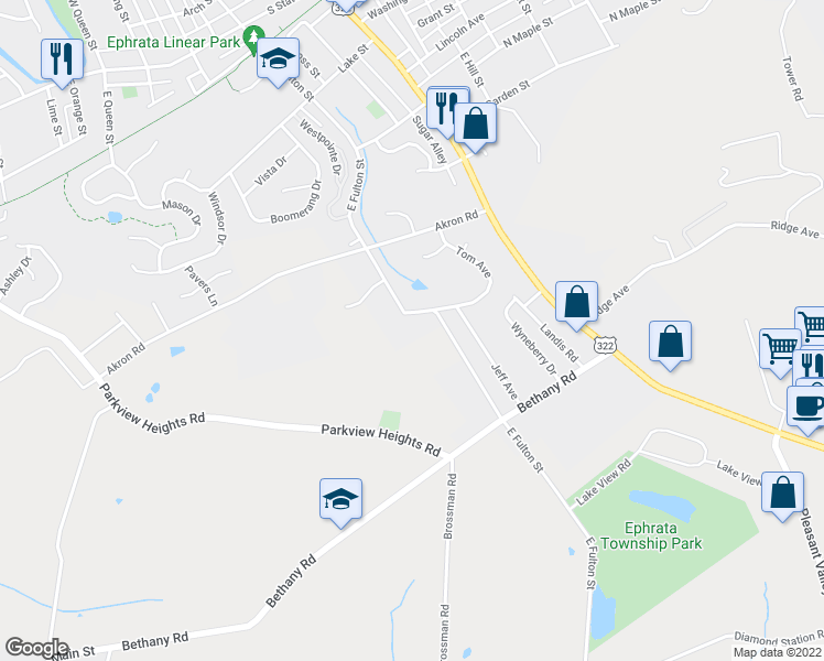 map of restaurants, bars, coffee shops, grocery stores, and more near 237 East Fulton Street in Ephrata