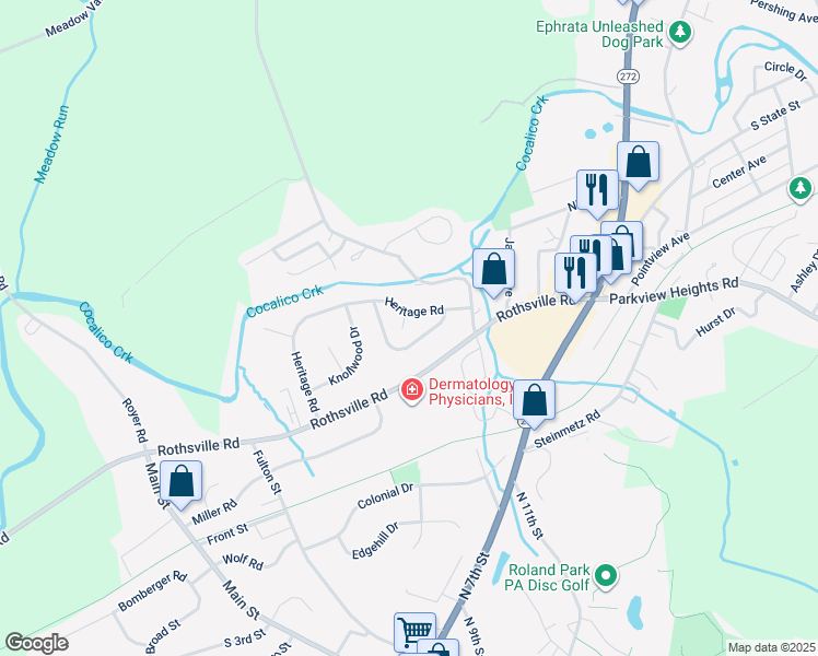 map of restaurants, bars, coffee shops, grocery stores, and more near 273 Riverview Drive in Ephrata