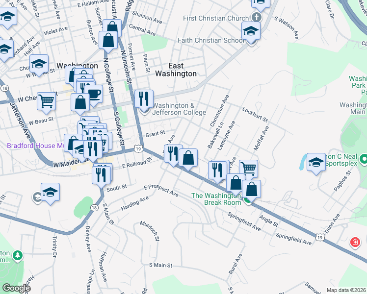 map of restaurants, bars, coffee shops, grocery stores, and more near 156 South Wade Avenue in Washington